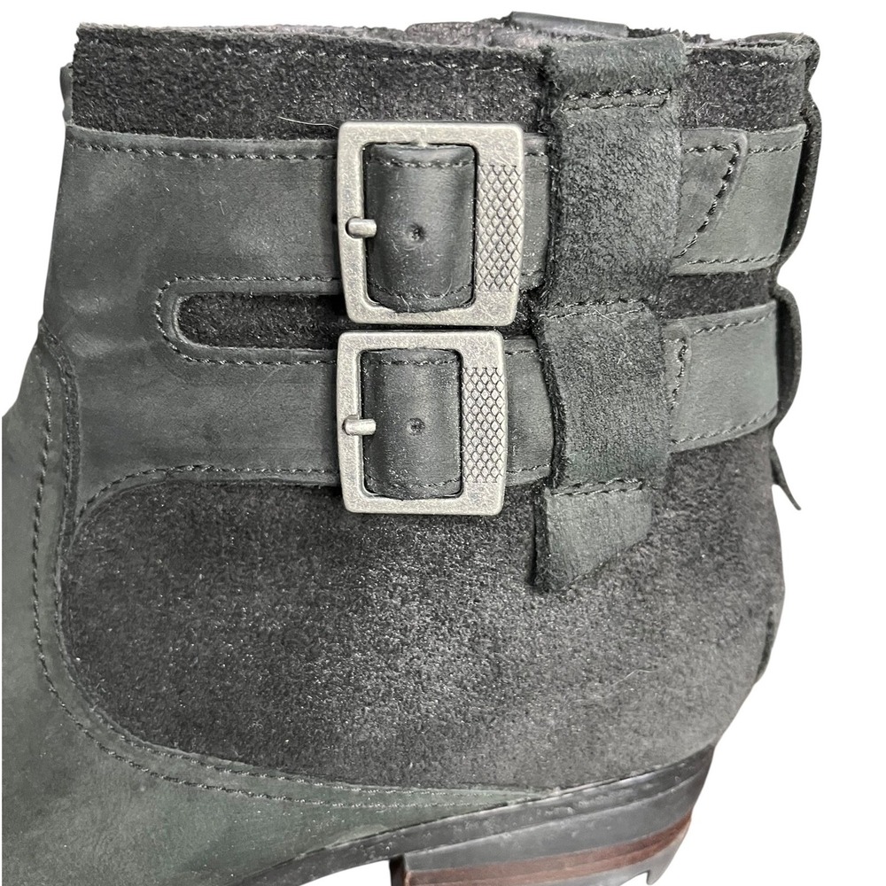 Sorel Lolla Ankle Bootie Black SuedeLeather Side Zip Buckle Detail Women's 9 - Picture 5 of 10